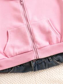 SHEIN Sparklyn 秋冬女款連帽拉鍊外套 混搭街頭風休閒圖案 防寒針織面料 寬鬆版型 校園學生風 黑粉配色 - 粉色 - 查看 5