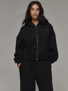 Musera Sport Zip Through Logo Front Hooded Sweatshirt Coord Top Only Sport Essentials Basics Autumn Fall Winter - Black - View 2