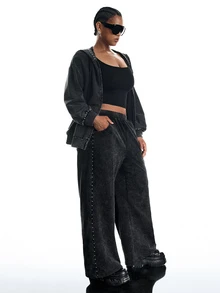 LYSMO Celana Longgar Kasual Ukuran Besar dengan Saku dan Paku Keling, Gaya Streetwear - Hitam - View 6