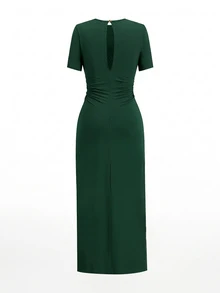 Reflora Plus Size Elegant Metal Decor Pleated Short Sleeve Dress - Dark Green - View 2