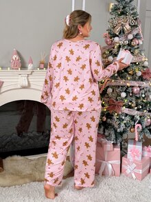 Slumberry CURVE طقم بيجامة نسائي مقاس كبير بطبعة رجل الزنجبيل وحلوى عيد الميلاد، محبوك بياقة دائرية وأكمام طويلة وبنطال - متعدد الألوان - مشاهدة 2