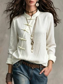 SHEIN بلوزة نسائية بلون موحد أنيقة بأسلوب صيني جديد وياقة مائلة وأزرار فرغ طويلة الأكمام فضفاضة - لون مشمشي - مشاهدة 3