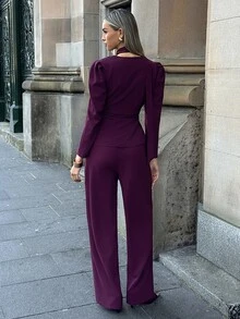 Aloruh Set Blazer dan Celana Wanita Warna Polos Fashion Kerah V Dalam - Red Violet - View 2