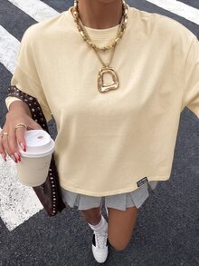 Muchica 95%棉女款休閒街頭寬鬆短袖T恤，女款夏季服飾，女款街頭服飾 - 杏色 - 查看 5