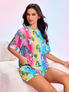 My Little Pony X SHEIN Women's Unicorn Print Short Sleeve Top & Shorts Pajama Set - Multicolor - View 6