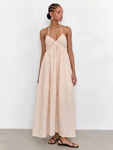 Maija Women's Halter Neck Striped Pattern High Waist Ruffle Hem Open Back Dress Beach Vacation Pink Stripe Summer Tropical Boho - Coffee Brown - View 3