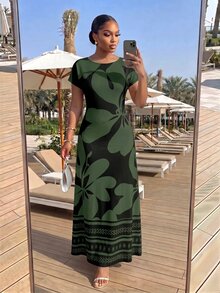 SHEIN Lady CURVE Gaun Ukuran Besar Leher Bulat Lengan Pendek Motif Botanis untuk Pesta, Kencan Malam, Liburan, Musim Panas, Warna Hitam Elegan - Hijau Tentara - View 4
