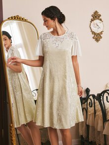 Côtesoire Váy ngủ ngắn tay nữ phối ren phong cách thường ngày mặc ở nhà - Màu be - Xem 1