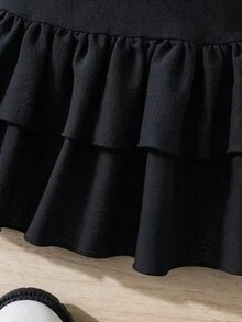 Young Girl Fashion Versatile Woven Solid Color Pleated Fitted Casual Skirt - Black - View 3