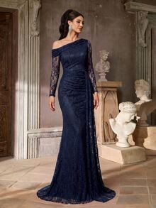 Aureia Rok Duyung Wanita dengan Lengan Transparan dan Detail Renda, Cocok untuk Acara Pernikahan, Pesta Lajang, Liburan, Prom, dan Gala Malam. - Navy Blue - View 4
