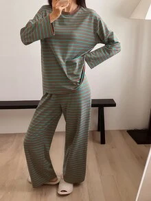 DAZY Striped Print Drop Shoulder Tee & Pants PJ Set - Coffee Brown - View 6