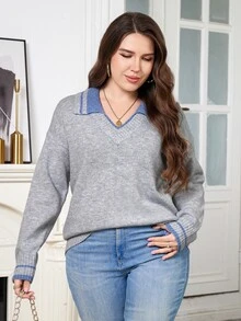 SHEIN Clasi Plus Size Women's Patchwork Striped Collared Drop Shoulder Long Sleeve Casual Sweater - Grey - View 5