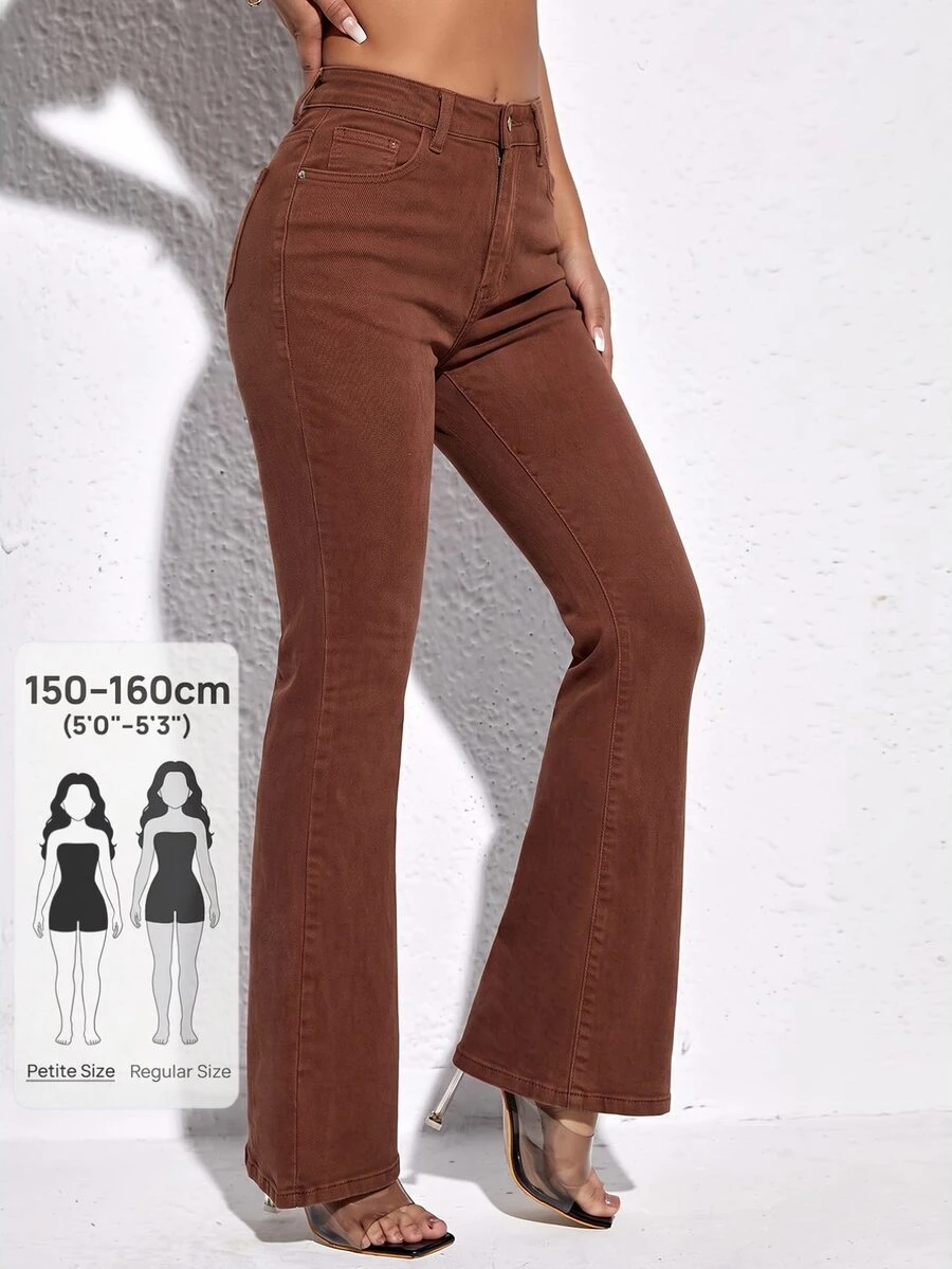 SHEIN PETITE Zipper Button Pocket Solid Color Flare Jeans - Brown - View 1
