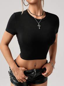 SHEIN ICON Y2K 女款萬聖節網紗露背短版上衣 透視黑色街頭風哥德性感龍圖案休閒日常短袖T恤 - 黑色 - 查看 5