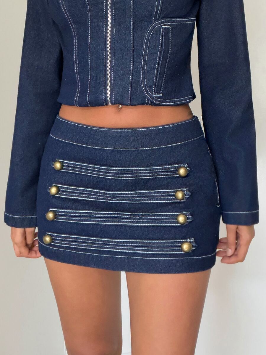 Jeanoix Y2K Women's Low Waist Button Decor Washed Denim Skirt - Dark Wash - View 1