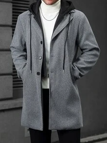 Manfinity CasualCool Men's Long Mature Business Classic Versatile 2 In 1 Colorblock Wool Coat, Open Front Hooded Style With Large Pockets, Autumn/Winter - Dark Grey - View 4