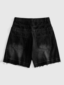 ROMWE MEN Goth Men's Streetwear Double Waistband Embroidered Rhinestone Denim Shorts - Black - View 3