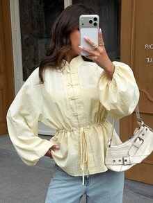 Siren Gaze Women's Fall/Winter Jacket: Solid Color Stand Collar Style With Drawstring Waist And Chinese Frog Buttons Work Outfits For Women (Regular Fit) - Apricot - View 4