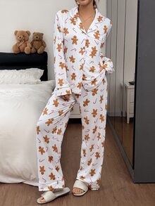 Napfluff Set Piyama Wanita Lengan Panjang dan Celana dengan Motif Permen Jahe Natal, Saku Kerah, Kancing Depan, dan Potongan Celana. - Putih - View 3