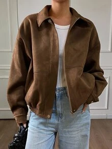 DAZY Women's Solid Color Lapel Dropped Shoulder Sleeve Zipper Jacket, Autumn/Winter - Brown - View 3