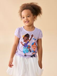 Blippi X SHEIN Young Girls Cartoon Print Cap Sleeve T-Shirt - Purple - View 3