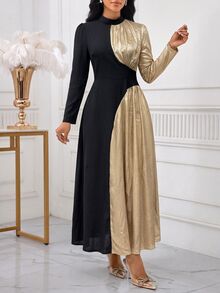 SHEIN Lady Gaun Elegan Wanita dengan Kerah Tegak dan Lengan Panjang Mengembang, Motif Blok Warna - Hitam - View 4