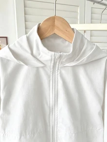 SHEIN Kids Tween Girl Casual Street Style Hooded Zip-Up Autumn Winter Jacket With Pockets, Drawstring Hem, Long Sleeve, Woven Solid Color - White - View 4