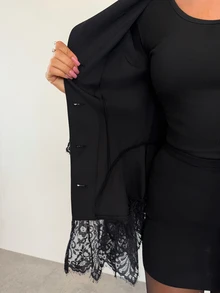 Firerie Women's Shawl Collar Single-Breasted Lace Long Sleeve Pleated Jacket - Black - View 8