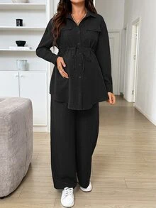 SHEIN 孕婦長袖收腰純色上衣與長褲兩件套 秋季 - 黑色 - 查看 7