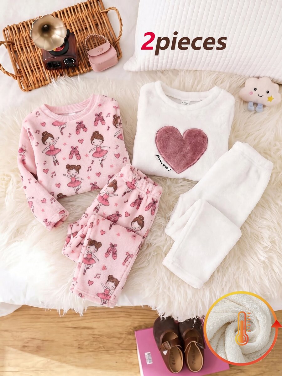 2pcs Set Girls Fashion Beige & Pink Color Block, Ballet Dancer Pattern Flannel Print, Simple Casual Style, Winter Soft Comfortable Thickened Fleece Pajama Set, Girls Loungewear Set - Baby Pink - View 1