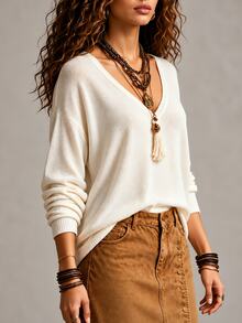 SHEIN Women's Autumn/Winter Loose Casual Knit V-Neck Elegant Pullover Sweater - Apricot - View 3