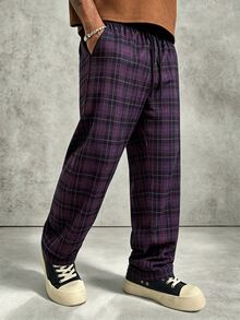 PAVTROS Men's Casual Plaid Long Pants, Loose Straight Leg Fit, Elastic Drawstring Waistband - Multicolor - View 3