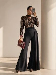 Structelle Women Lace Mock Neck Long Sleeve Jumpsuit High Waist Side Draped Flared Pants For Party Evening Elegant Fall Winter Outfit - Black - View 6