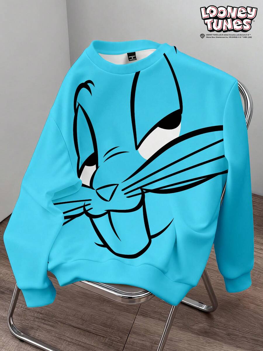 LOONEY TUNES X SHEIN Manfinity Joysei 男士卡通印花長袖圓領套頭運動衫 - 水鴨藍 - 查看 1