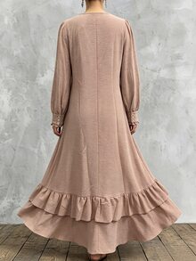 SHEIN PariChic Women's Solid Color Long Sleeve Patchwork Ruffle V-Neck Elegant Dress - Apricot - View 2