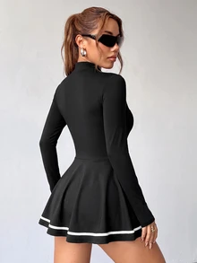 SHEIN HypeZone Women's Zipper Half-Placket Long Sleeve Sports Dress With Shorts - Black - View 2