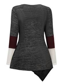 Lacomfia Women's Plus Size Long Sleeve Colorblock Asymmetrical Hem Ruched Neck T-Shirt, Versatile Warm Casual Home Daily Wear For Autumn/Winter - Multicolor - View 2