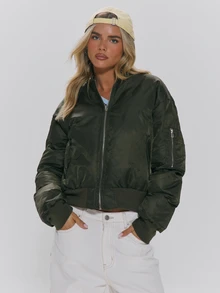 MUSERA Oversized Faux Fur Collar Thick Padded Zip Through Ribbed Waist Bomber Style Jacket Fall Autumn Winter Daily Everyday Outerwear - Army Green - View 1