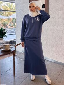 Solavon Women's Embroidered Zipper Half-Placket Sweatshirt And Long Skirt Arabic Outfit Set - Blue - View 5