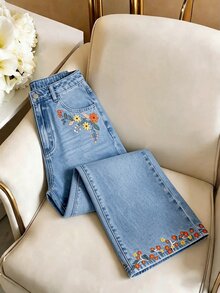GlowEve 女款花卉刺繡牛仔褲 - 淺色水洗藍 - 查看 1