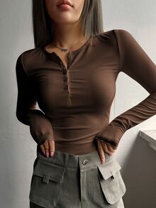 DAZY Women's Solid Color Slim Fit Versatile Daily Casual Long Sleeve T-Shirt - Brown - View 1