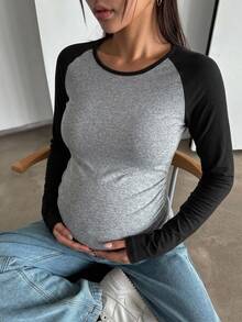 DAZY Patchwork Contrast Color Slim Fit Elastic Round Neck Casual Daily Vacation Korean Style Spring Autumn Maternity T-Shirt - Grey - View 4