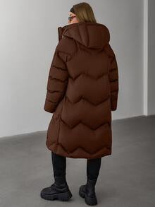 EURMUSE Women Solid Color Contrast WhiteColor Lining Detailed Long Winter Coats - Brown - View 2