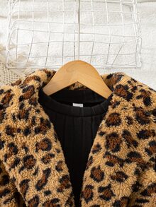 SHEIN Elladie kids 女童三件套，黑色刷毛厚羅紋長袖T恤與內層褲，搭配無領長款厚豹紋印花抓絨背心外層。背心附有同色布料繫帶，柔軟翻領設計，適合秋冬穿著 - 黑色 - 查看 4