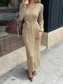 DAZY Women's Elegant Comfortable Commute Long Sleeve V-Neck Front Button Waist Tie Sweater Dress - Apricot - View 2