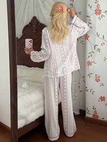 CottageSlumber Women's Bubble Crinkle Ditsy Floral Cardigan Collar Long Sleeve Pajama Set - Pink - View 2