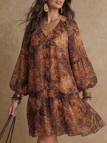 Solivie Women's Autumn Printed Loose Dress, Coffee Color Dress - Coffee - View 5