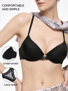 Bralution Black Underwire Molded Cup High Support Push Up Lift Front Closure Lace Patchwork Beautiful Back Minimalist French Style Women's Bra - Black - View 5