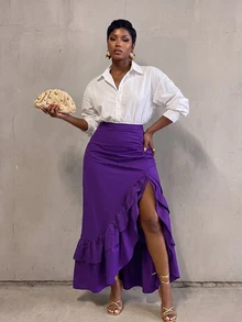 BamGlimmer Autumn/Winter Brown Skirt, Ruffle High Slit Design, Fashionable And Elegant, Suitable For Travel, Daily Wear, Shopping, Parties And Gatherings, Versatile For Commuting - Purple - View 1