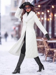 Editum Women's Comfortable Button-Up Waist-Cinching Fur Collar Padded Coat - White - View 1